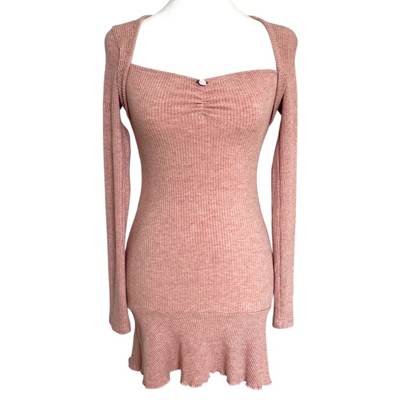 Dresses & Skirts - Pink Long Sleeve Floral Ribbed Mini Dress 90s Y2K Fairy Coquette Babydoll M